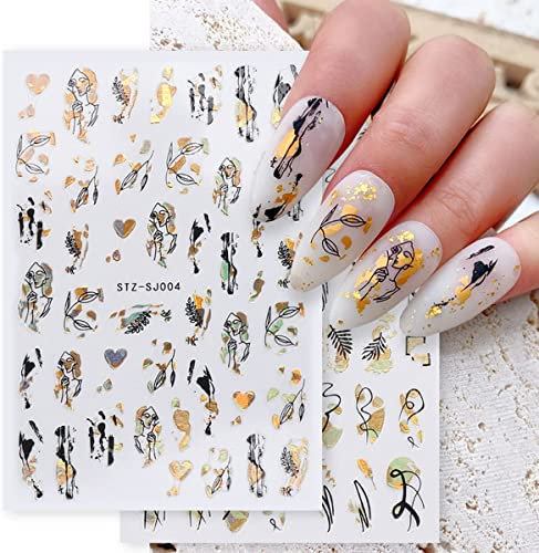 9 Blätter Abstrakte Linie Nagelsticker Selbstklebend Gold Schwarz Dame Gesicht, Blumen, Palmblatt, Blätter Design Maniküre Tipps Nagel Dekoration für Frauen Mädchen
