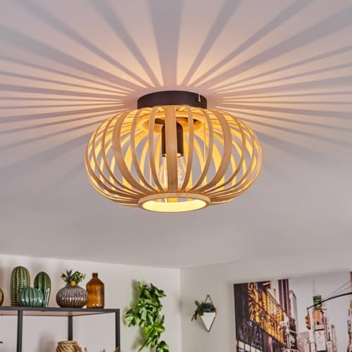 HOFSTEIN Deckenleuchte Oravi, Deckenlampe aus Metall/Holz/Bambus in Schwarz/Natur, Leuchte im Boho/skandinavischen-Design mit tollem Lichteffekt, Ø 30 cm, E27, Wohnzimmer, Esszimmer, Schlafzimmer