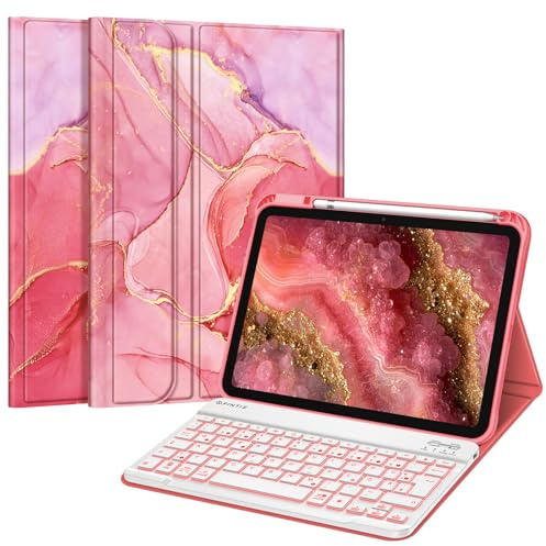 FINTIE Hülle mit Tastatur für iPad A16 11 Generation/10 Gen (11/10.9 Zoll) | 7-farbige Hintergrundbeleuchtung, Magnetisch abnehmbare, deutsche Bluetooth-Tastatur Hülle mit Stifthalter, Marmor Pink