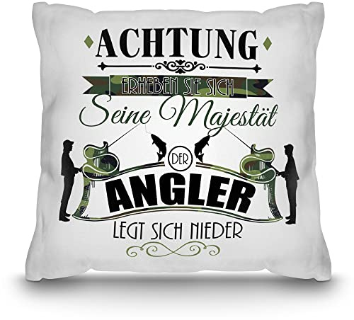 Print Royal PR Kissen Bedrucken mit lustigem Spruch - Seine Majestät der Angler - Geschenk für Angler, Fischer und Fans vom Angelsport | Weiss Polyester, inkl. Kissenfüllung, 40 x 40 cm