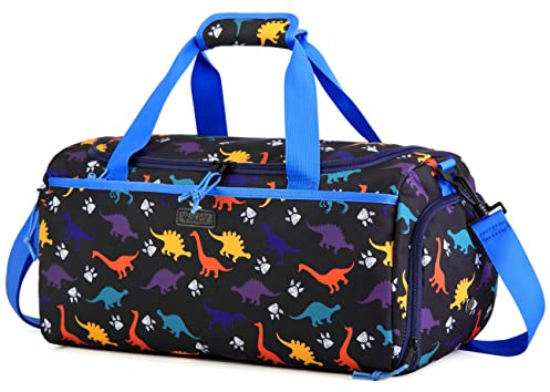 VASCHY Bolsa de Deporte Niño, Bolsa de Viaje Infantil Ligera Bolsa Gimnasio Piscina con Compartimento Zapatos, Dinosaurio Azul