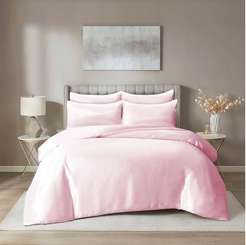 Hadi London Satin Silk 6 Piece Complete Bedding Set with Silky Deep Fitted Sheet Reversible Duvet Cover Comforter & 4 Pillowcases for Single Double King Super King Size Bed (Baby-Pink, Double)