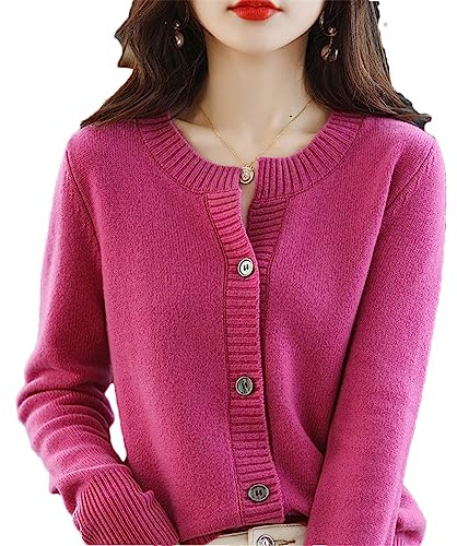 Bollrllr Dam stickad tröja kashmir cardigan ledig rund hals långärmad cardigan varm utomhus topp, Ros rosa, XXL