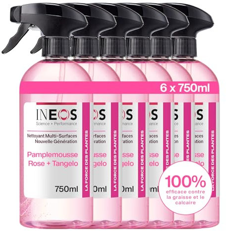 INEOS Spray Multi-Surfaces, Parfum Pamplemousse Rose et Tangelo -Efficace Contre La Graisse, Le Calcaire, Et Les Trace D’Eau-Elimine 99.9% Des Virus Et Des Bactéries, Pack De 6 Bouteilles (6 x 750ML)