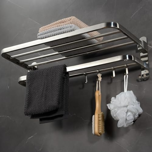 Cheerhom Porta Asciugamani Da Parete, Pieghevole Portasciugamani In Acciaio Inox 304 Antiruggine 2 Strati, Scala Porta Asciugamani Bagno,56 X 21 X 17CM