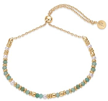 PAVOI 14K Yellow Gold Plated Gemstone Beaded Bracelets for Women - Adjustable Slider Dainty Gemstones and Pearl Bracelet - Boho Festival Freshwater Pearls, Amazonite Beads - Gold Jewelry Gifts