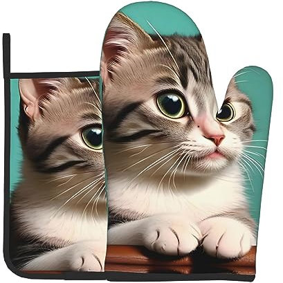 YYHWHJDE Ofenhandschuhe und Topflappen mit neugieriger Katze, 2er-Set, zum Öffnen von Topfdeckeln in der Küche