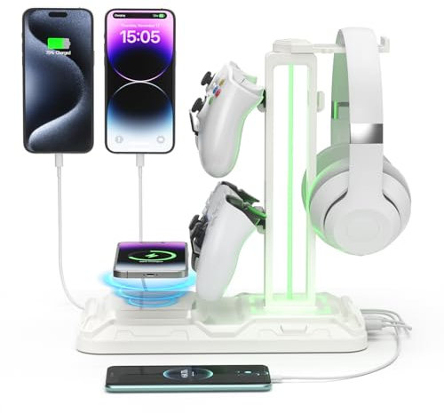 KDD Headset and Controller Stand with Wireless Charging & 9 Light Modes, Rotatable Controller Holder - Headphone Stand with 2 USB and Type C Ports, Gaming Headset Stand for Gamers Desktop Accessories