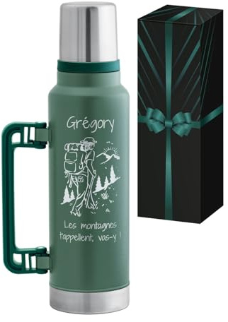 Maverton Gourde Café Verte Personnalisé avec Gobelet et Boîte Cadeau | Bouteille Isotherme en Acier Inoxydable 1400 ml avec Gravure, Cadeau Anniversaire Homme, Cadeau Homme