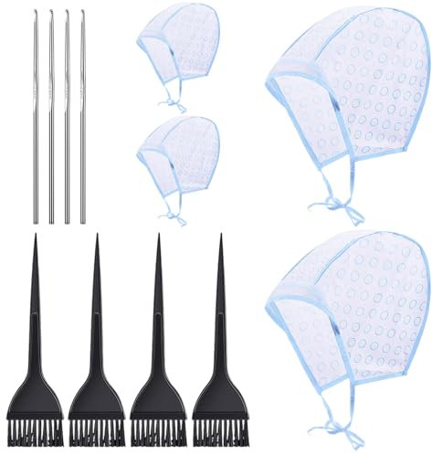 Hair Coloring Highlighting Cap, 4 Hair Disposable Tipping Frosting Cap with 4 Hook and Hair Coloring Brush for Dyeing Hair Salon Home Use