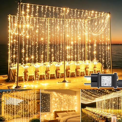yowin 2 Stück Lichtervorhang Aussen Innen 3m x 3m 300 LED | 8 Modi mit Timer Weihnachtsbeleuchtung Wasserdicht für Balkon Fenster Party Wand Pavillon Hochzeit Deko