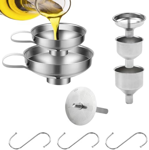 KLYKLL 5 Pezzi Imbuto in Acciaio Inox - 2 con Manico, 3 Piccolo di Metallo, Filtro in Acciaio Inox, 3 Ganci a S per Marmellata, Liquido