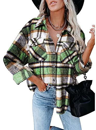 FUNSEED Chemise boutonnée en flanelle à carreaux pour femme - Chemise décontractée à manches longues avec poche, F, Taille 3XL