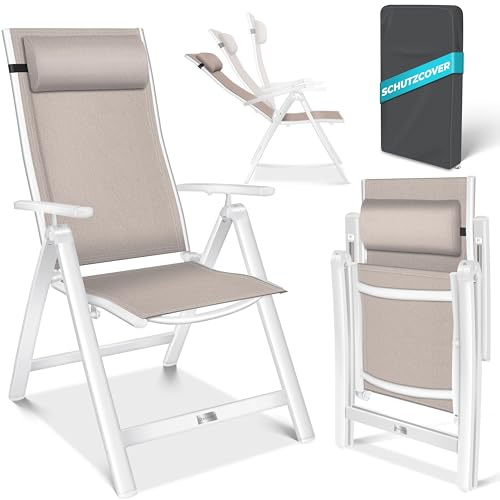 KESSER® Sedia da giardino con schienale alto e braccioli in alluminio, pieghevole con cuscino e copertura, sedia da campeggio, schienale regolabile in 7 posizioni, schienale traspirante e resistente