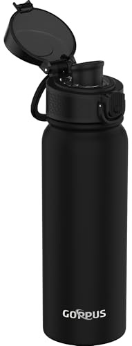 GOPPUS 600ml/20oz Insulated Water Bottle with Spout Lid (No Straw) Leakproof Stainless Steel Sports Bottle with One Hand Open Lid Double Wall Flask with Handle Keeps Drinks Cold BPA Free (Black)
