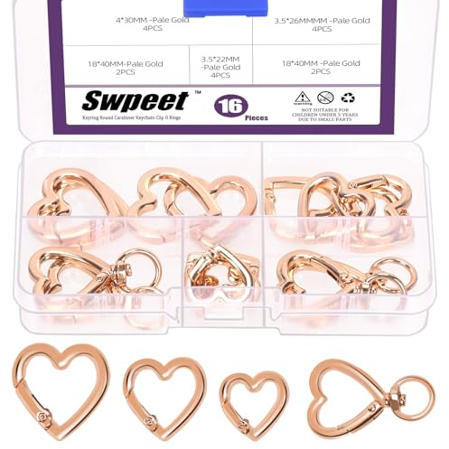 Swpeet Set da 16 pezzi, 3 misure, anelli a forma di cuore e molla a forma di cuore, set di anelli girevoli, portachiavi a forma di cuore, per fai da te, artigianato