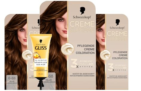 Schwarzkopf Creme Supreme Coloration 6-68 Helles Karamellbraun Blond (3x182 ml), dauerhafte Haarfarbe & GLISS SOS-Intensiv-Kur Oil Nutritive 15ml, natürlicher Glanz und Geschmeidigkeit