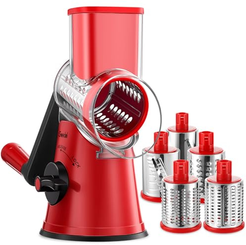 Geedel Käsereibe mit Kurbel, Gemüsehobel mit 5 Edelstahl Austauschbaren Trommelklingen, Starkem Saugfuß, Schnelles Schneiden, Gemüseschneider für Käse Karotten Kartoffel Nüsse usw. Rot
