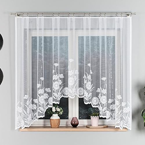 Gardinen Vorhangen Weiß Jacquard 300x160 cm (BxH) Verona Bogen Küche Kräuselband Schiebevorhänge Eleganten Design Fensterdekoration Blumen Muster