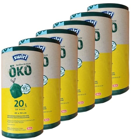 6x Swirl Öko Müllbeutel 20L Reißfest & dicht 20 L - nicht kompostierbar - 6 Rollen mit je 18 Beuteln 45x50 cm