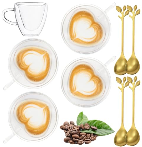 Gohytal Bicchieri da caffè a doppia parete a forma di cuore, 180 ml, per cappuccino, latte, macchiato, tazze con manico, in vetro borosilicato, resistenti al calore, per caffè, tè, latte, succhi di
