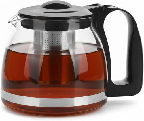 VIVIANA Teekanne Glas – Mit Edelstahl-Teesieb, Sodaglas, Schwarzer Griff, Spülmaschinenfest, für losen Tee, Tropffreier Ausguss (1500ml)