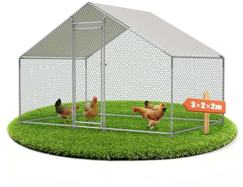 Hühnerstall 3x2x2m – Freilaufgehege Hühnerhaus mit PE-Dachabdeckung, Tür & Schloss, Winterfest Aussengehege für Kaninchen, Hühner, Gänse Tauben und Wachteln