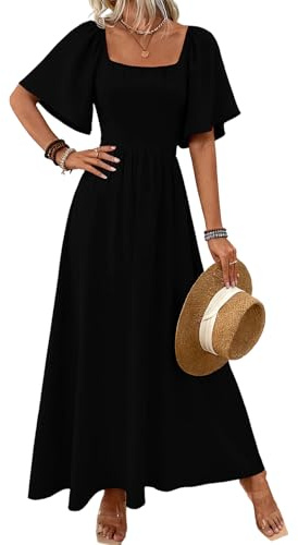 LIAMERHE Maniche Corte Abito Lungo Donna Estivo Elegante Scollo Quadrato Maniche a Volant Vestito Maxi A-Line Vestiti Vita Alta Boho Chic Abiti Casual per Mare Cerimonia Party Nero L