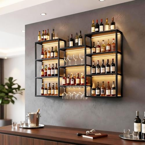 YDEHUEAD Portabottiglie Industriale a Parete con Luce LED Bianca Calda,Scaffale per Vino in Ferro a 4 Livelli,Espositore per Bottiglie di Liquore e Calici Scaffale Galleggiante da Muro (120cm)