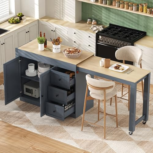Merax Grau Kücheninsel 112-186.8×45×93cm (L×W×H) mit ausziehbarem Esstisch, Sideboard Kücheninsel freistehend mit 3 Schubladen& 2 Türen,Bartisch mit Rollen, für Küche Esszimmer, Grau+Eiche