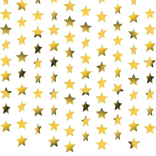NEBURORA 78,7 Fuß (ca. 24 m) Lange goldene Sterne Girlande, doppelseitig, glitzernde Papiersterne, Hängedekoration für Geburtstag, Abschlussfeier, Hochzeit, Silvester, Weihnachtsfeier