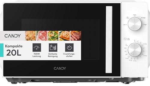 Candy WAVE 300 YEUMW3CSMW, Microondas de 20L, 700 W, 5 niveles de potencia, Control Manual con doble dial, Fácil limpieza, Función de descongelación, Color blanco