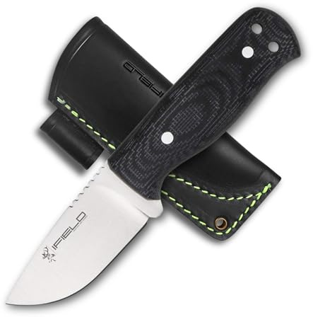 iFIELD Cuchillo Supervivencia Outdoor deportivo neck knife Workout EL29114, hoja MOVA de 7 cm, sierra en el lomo, funda de cuero negra, herramienta de camping para pesca, caza, actividad deportiva.