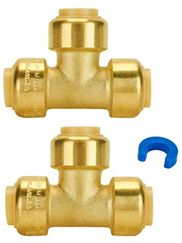 SUNGATOR 1/2 Inch Tee, Push Pex Fittings 1/2 Inch, 1/2 T Fittings, No Lead Brass Push-to-Connect Plumbing Tee Connector for PEX Pipe, Copper, CPVC, with 1 Disconnect Clip, Pack of 2