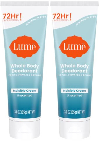 Lume Whole Body Deodorant - Invisible Cream Tube - 72 Hour Odor Control - Aluminum Free, Baking Soda Free, Skin Safe - 3.0 ounce (Pack of 2) (Unscented)