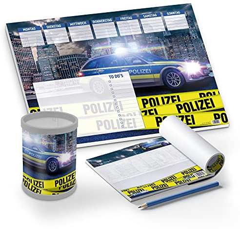 itenga Schreibtisch-Set Polizei 3-teilig Schreibtischunterlage Papier DIN A3 Stifteköcher Notizblock für Kinder Schüler Erwachsene Jungen