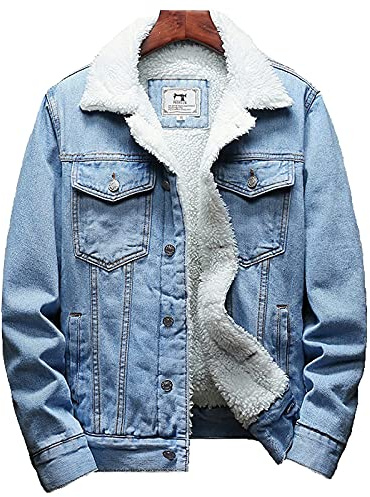 FBYDLL Men'S Warm Denim Jacket - Winter Thick Warm Fashion Plus Size Tooling Boutique Solid Color Men'S Casual Jean Coat/Male Wool Denim Coat Large Size S-6Xl,Light Blue,L