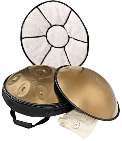 Sonic Energy Sensory Handpan, D-Amara, 10 Töne, Gold (HPSTL101) | 440 Hz, Durchmesser 22 Zoll, 56 x 56 x 23 cm, Inkl. Tasche, Hülle, Schutzdeckel, Handschuhe und 2 Sound Tubes, Edelstahl