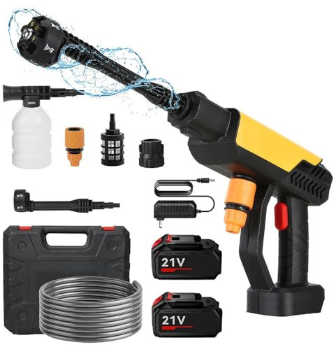 Nettoyeur haute pression sans fil, 21 V, 70 bar, mobile, avec 2 batteries de 15000 mAh, buse multifonction, 6 en 1, tuyau de 5 m, pour voitures, terrasse, fenêtres, pelouse (30 000 mAh)