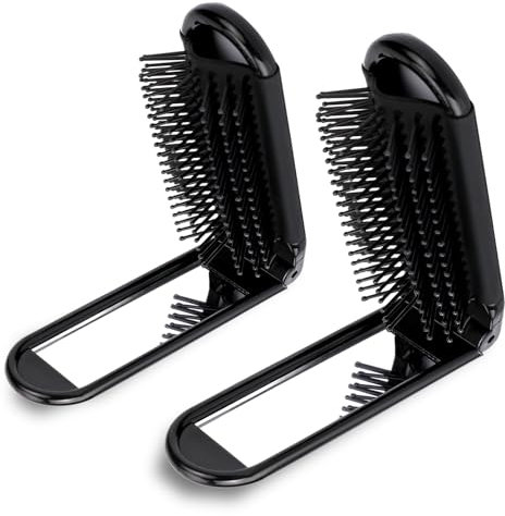 2 Pcs Foldable Hair Brush with Mirror Portable Travel Hair Brush Pocket Size Anti-static Mini Hairbrush Small Compact Massage Comb Hair Styling Tools for Women Girls Home Travel Gym Purse (Black)