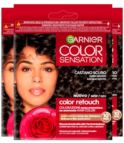 Garnier Color Sensation Color Champú Retouch 3.0 Castaño Oscuro Tinte Permanente Sin Amoníaco para Crecimiento del Cabello Cubre el 100% de las Canas Fácil Aplicación - 3 Tintes