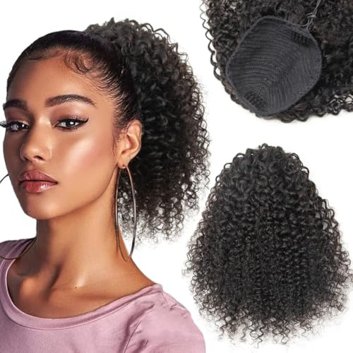 ISHEENY Extensions capillaires en cheveux humains Ponytail Perruque longue, naturelle afro, bouclée Tresse Noir naturel Afro Kinky Curly 35 cm