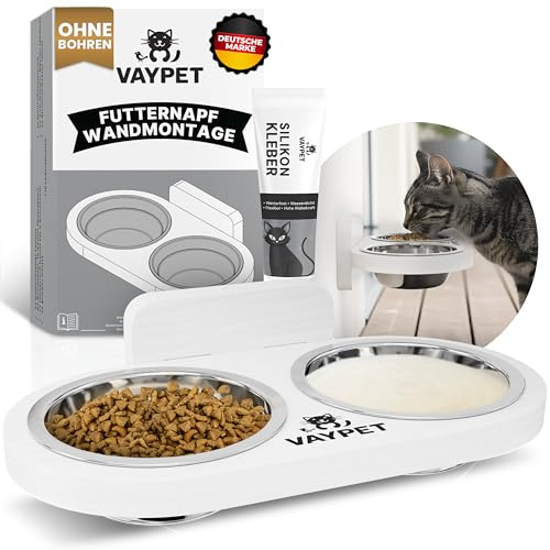 VAYPET® Doppel-Katzennapf erhöht inkl. Silikonkleber zur Befestigung an der Wand ohne Bohren I Schwebend montierbarer Futternapf Katze für Bequeme Haltung I Langlebiger Edelstahl Fressnapf Katze