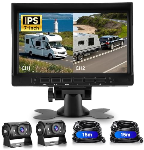 VECHTEL 1080P HD 2*Rückfahrkamera Kabel mit 7 Zoll IPS Monitor,2 geteilter Bildschirm/Einparkhilfe,IP69 AHD Rückfahrkamera Auto Nachtsicht für SUV LKW Wohnmobil Mit Sonnenblende,2 * 15M Kable,12–24 V