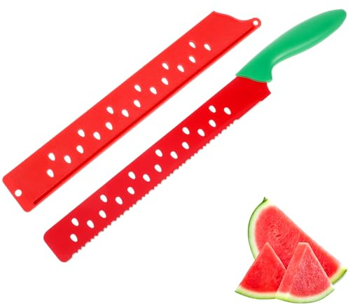 OUNONA Cuchillo de Acero Inoxidable para Sandía con Sierre, Herramienta de Cocina para Pan, Pasteles y Pizza, Rojo, 43.2 cm con Funda