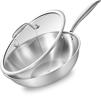 Inqibee Wokpfanne Edelstahl 30 cm mit Deckel | Unbeschichtete Wok Pfanne für Induktion & Gasherd, Edelstahlpfanne ohne Beschichtung, Stainless Steel Wok, genieteter Griff