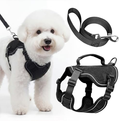Ledeak Hundegeschirr mit Leine Set, Reflektierend Verstellbar Geschirr, Ausbruchsicheres Anti Zug Hundegeschirr mit Gepolstertem Griff, Hundeweste mit Leine für Welpe Klein Mittlere Hund (Schwarz, XS)