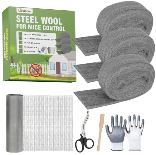 Lipulacer Steel Wool Mice Control, 3 Pack 3’’x11.5Ft Steel Wool & 1 Pack 5’’x15Ft Stainless Steel Wire Mesh with Gloves, Scissors & Wood Stick, Mouse Hole Filler DIY Kit for House & Garage, Wall Gaps
