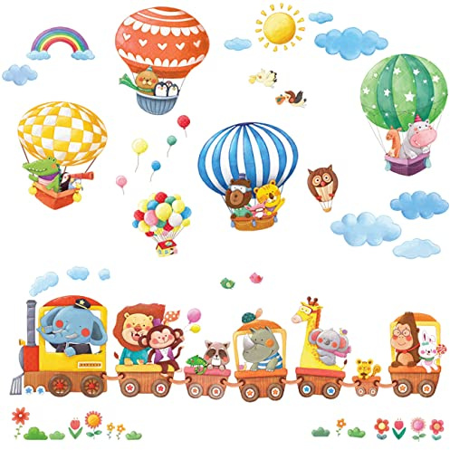 Decowall DA-1406 Zug und Heißluftballons Autos Flugzeuge Tiere Wandtattoo Wandsticker Wandaufkleber Wanddeko für Wohnzimmer Schlafzimmer Kinderzimmer