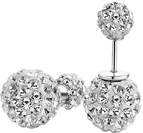 DIB 925 Sterling Silver Sparkle Bling Crystal Rhinestone Earrings Double Sided Front Back Ball Stud Earrings for Women 10mm